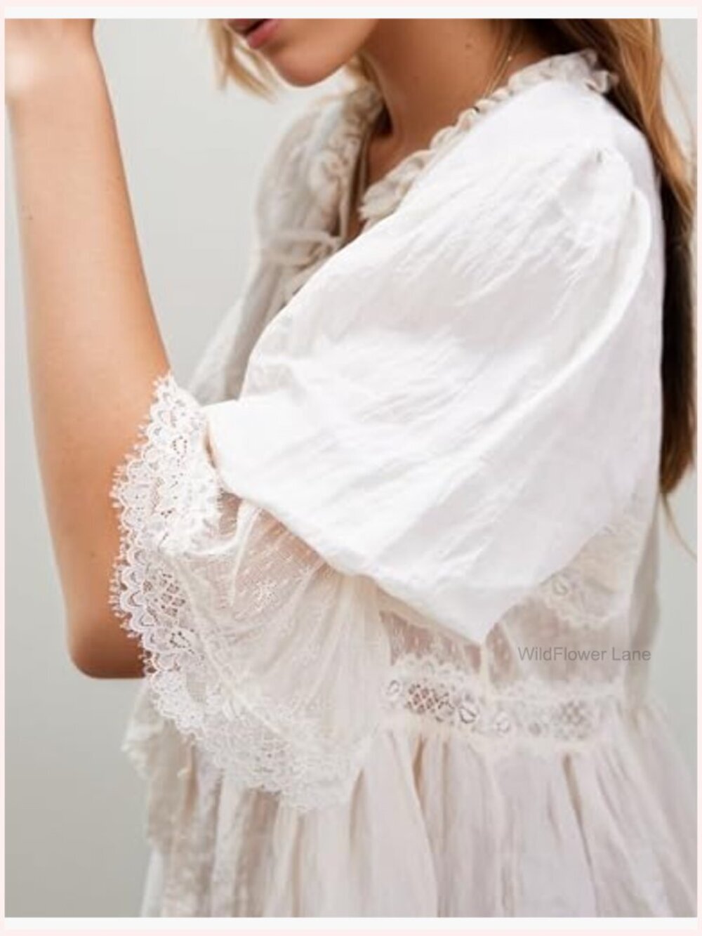 Tie Front Ruffle Boho Lace Crop Top Sheer Y2k Peasant Blouse Cute Going Out - Picture 4 of 5